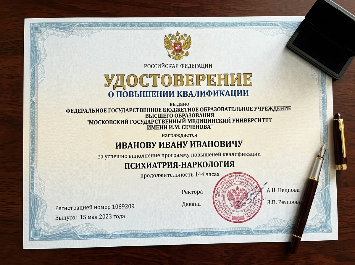 Сертификат специалиста-нарколога — документ о повышении квалификации по специальности 'Психиатрия-наркология', выданный медицинским университетом